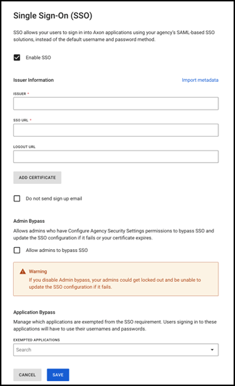Axon Single Sign-On (SSO) Settings page. 