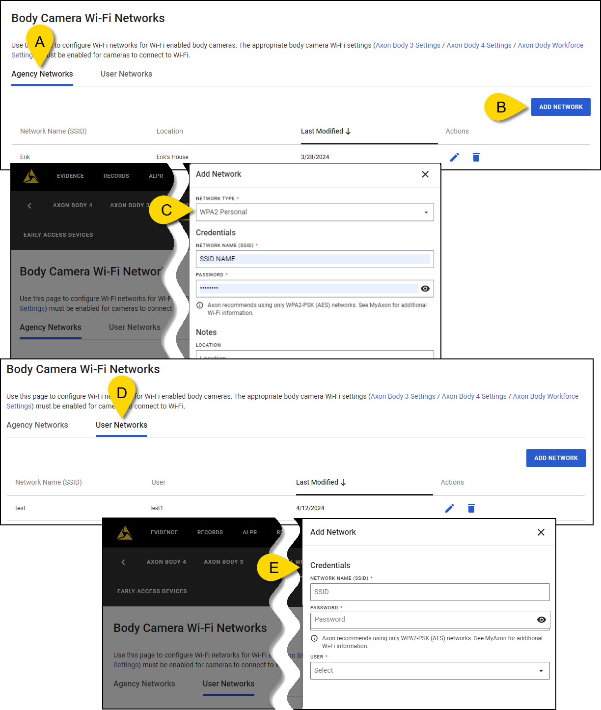 Body camera Wi-Fi networks page with lettered callouts showing the agency and user networks tabs, and the credentials needed for each.