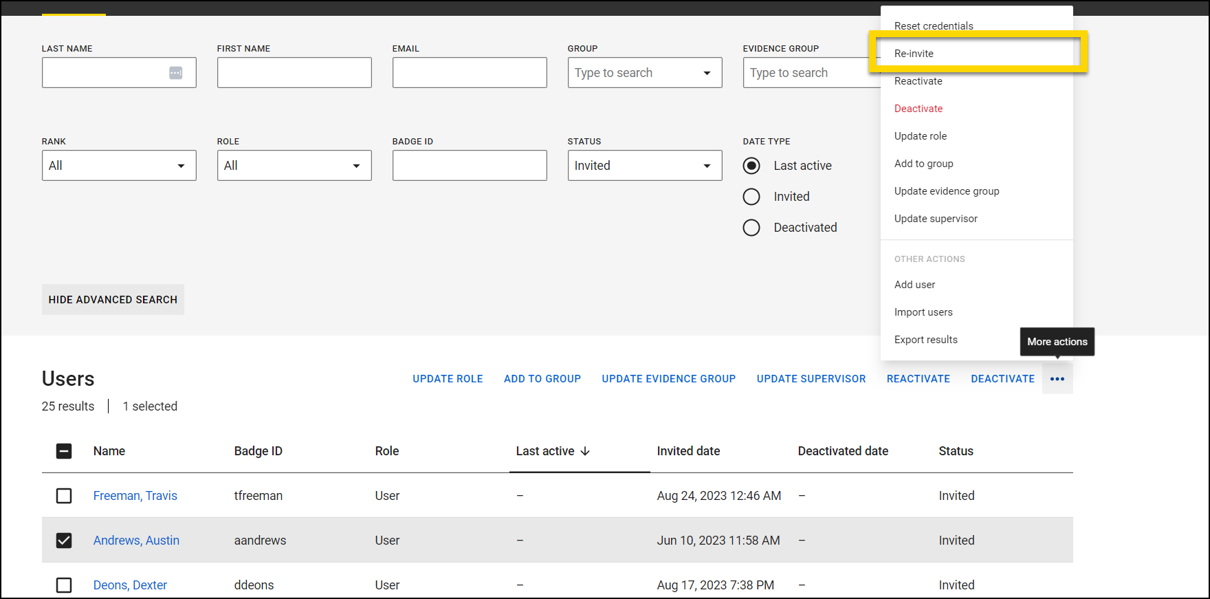 Screenshot of one user selected. The More Actions menu is open with Re-invited highlighted.