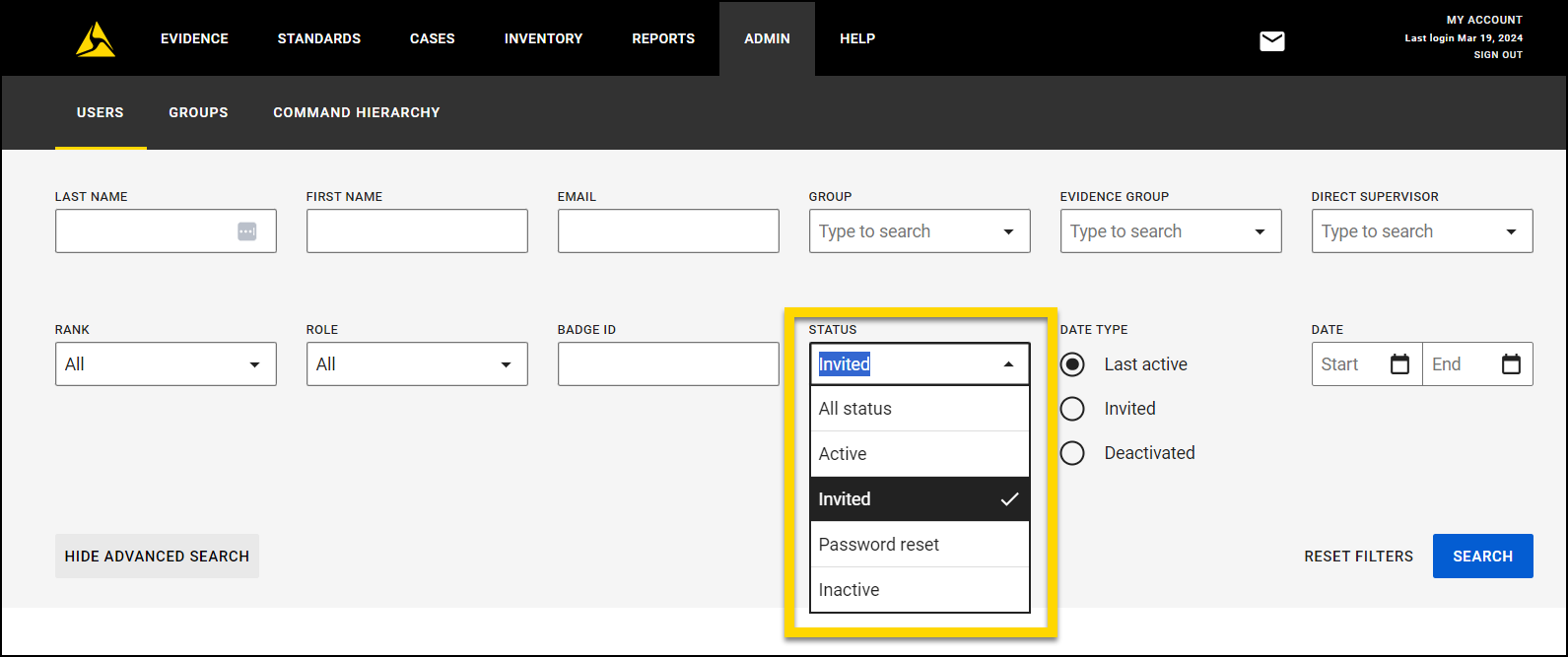 Screenshot of all User Search filters. The Status field is highlighted.