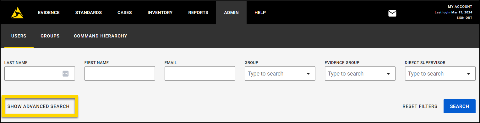 Screenshot of User Search filters. The Show Advanced Search button is to the left and highlighted.