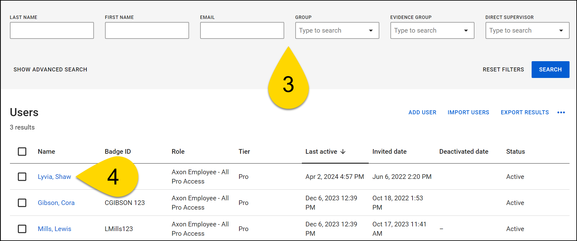 Shows how to search for a specific user and open their User detail page.