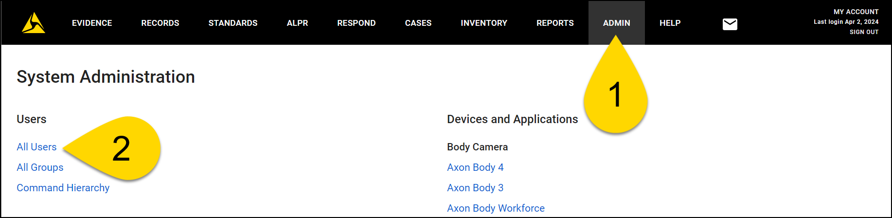 Shows how to open the list of all users from the Admin panel in Axon Evidence.