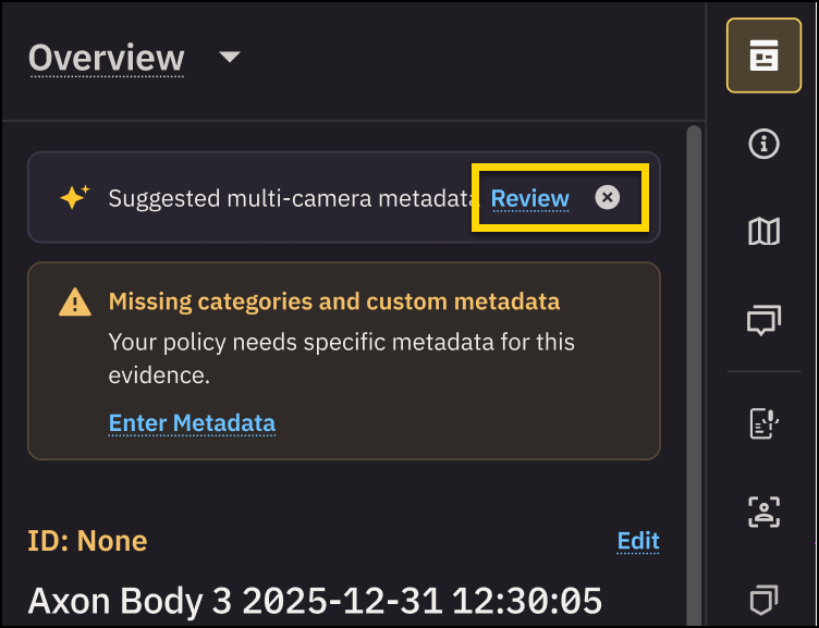 Evidence details page open to the Overview tab with the Review button highlighted.