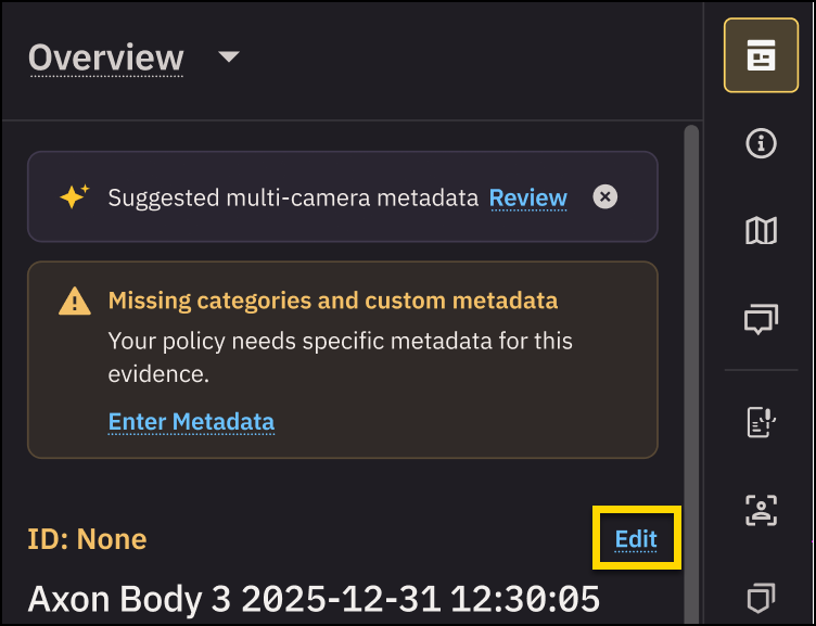 Evidence details page open to the Overview tab with the Edit button highlighted.