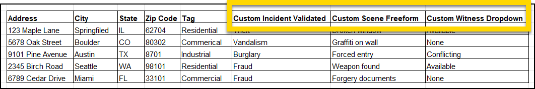 Excel spreadsheet example CSV file showing three custom columns.
