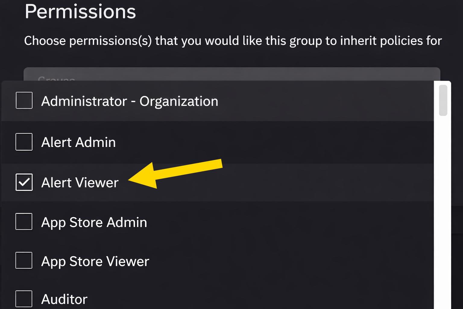 The Permissions list with Alert VIewer selected.