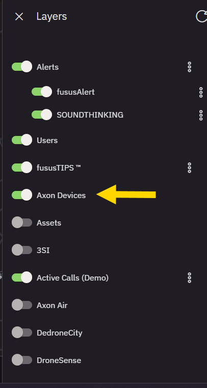 Layers menu with a yellow arrow pointing to Axon Devices, which is toggled on