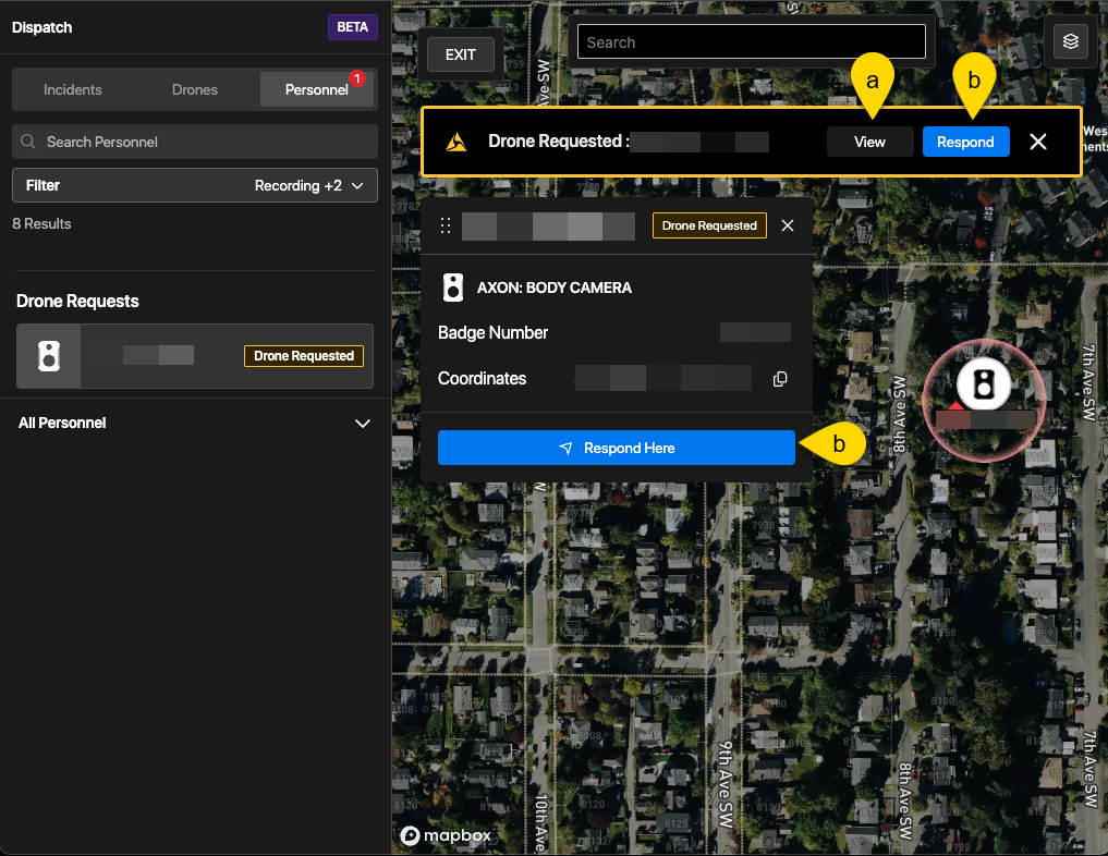 The map in DFR command with yellow arrows pointing to View, Respond, and Respond Here