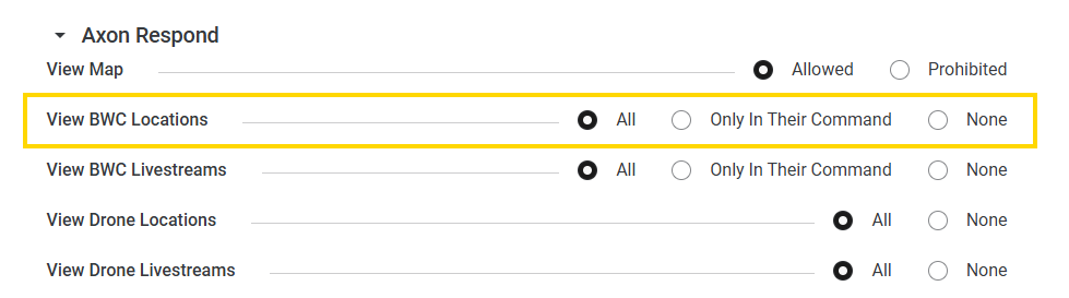 A yellow callout surrounding the View BWC locations with the All radio button selected