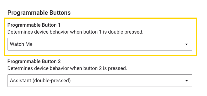 Watch Me selected under Programmable Button 1 with a yellow rectangle around this setting