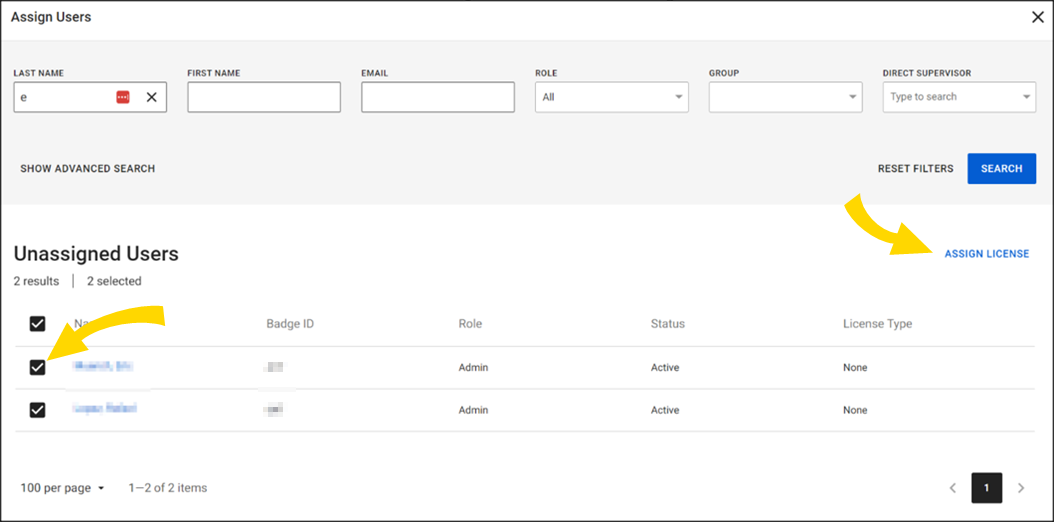 Shows the screen to select users and edit, assign, or unassign licenses.