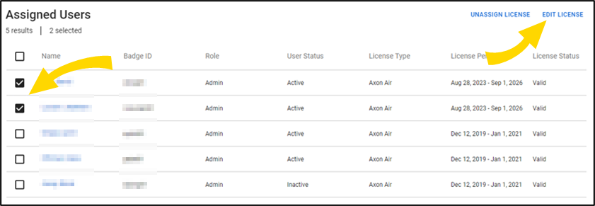 Shows the screen to select users and edit, assign, or unassign licenses.