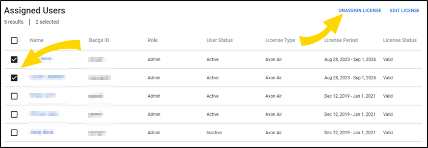 Shows the screen to select users and edit, assign, or unassign licenses.