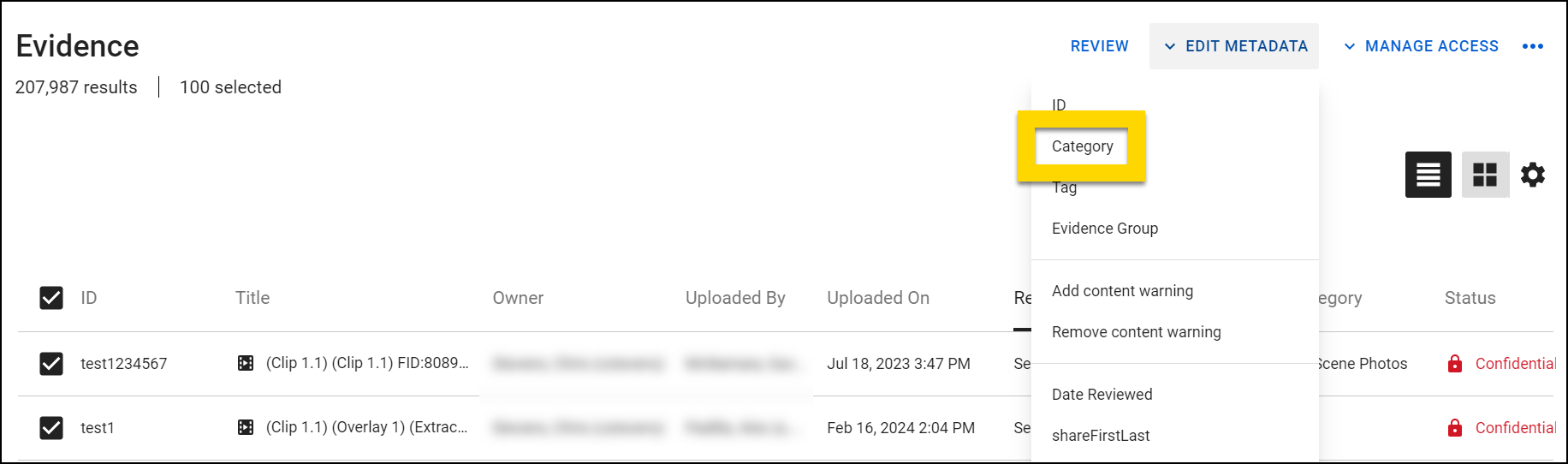 Axon Evidence page showing the Edit Metadata menu expanded with a focus on the Category option.
