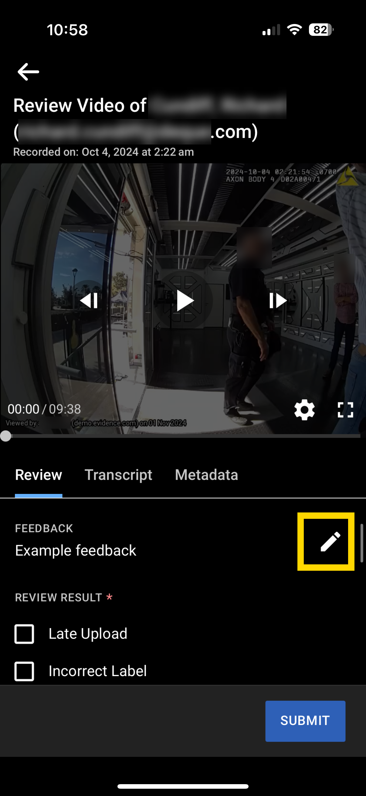 Edit feedback screen in the Axon App