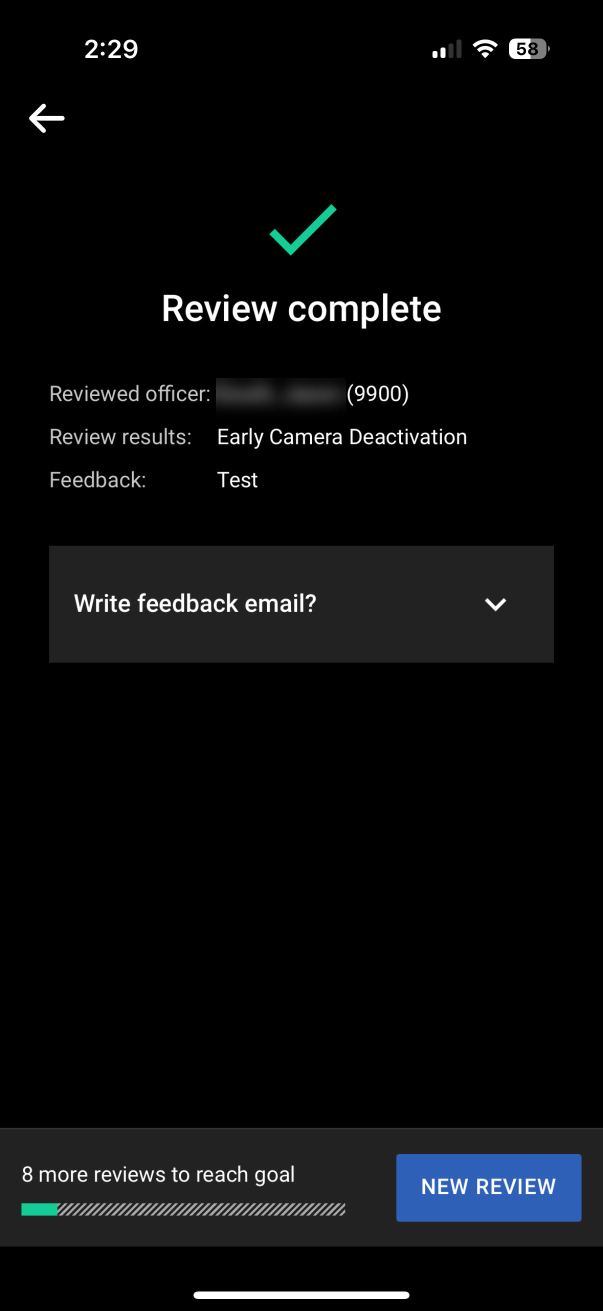 Write feedback email? button on finished review