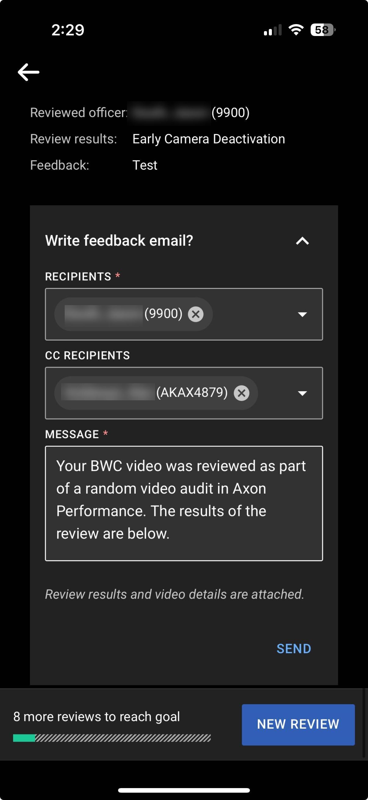 Send feedback email screen with recipient fields