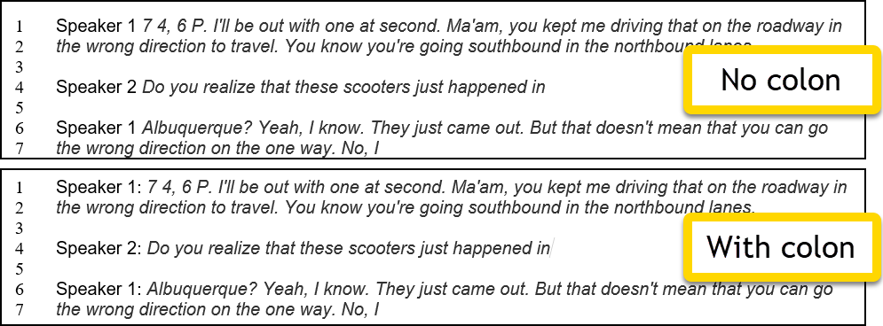 Shows how to change display options for adding colons after speaker names.