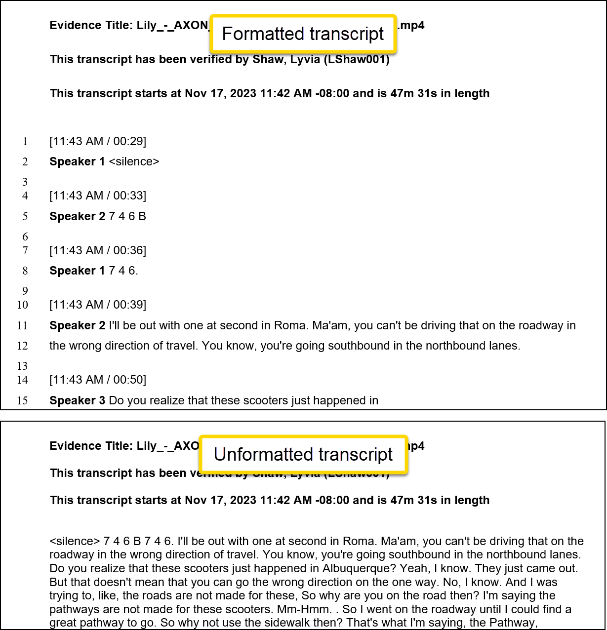 Shows how formatted and unformatted transcripts look.