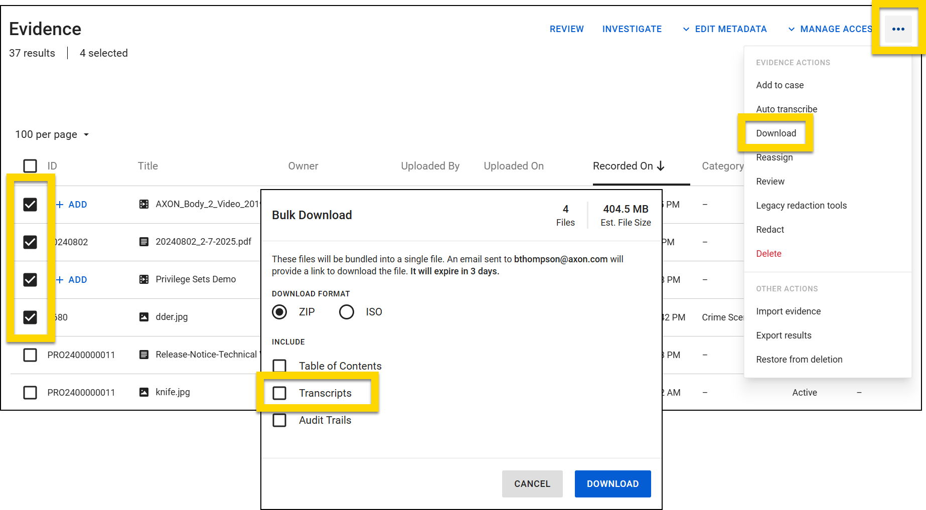 The image shows the Evidence search page with multiple selected files for bulk download. A highlighted section in the options menu emphasizes the download button, allowing users to initiate a bulk download. Another highlighted section in the bulk download window shows the option to include transcripts in the download package.