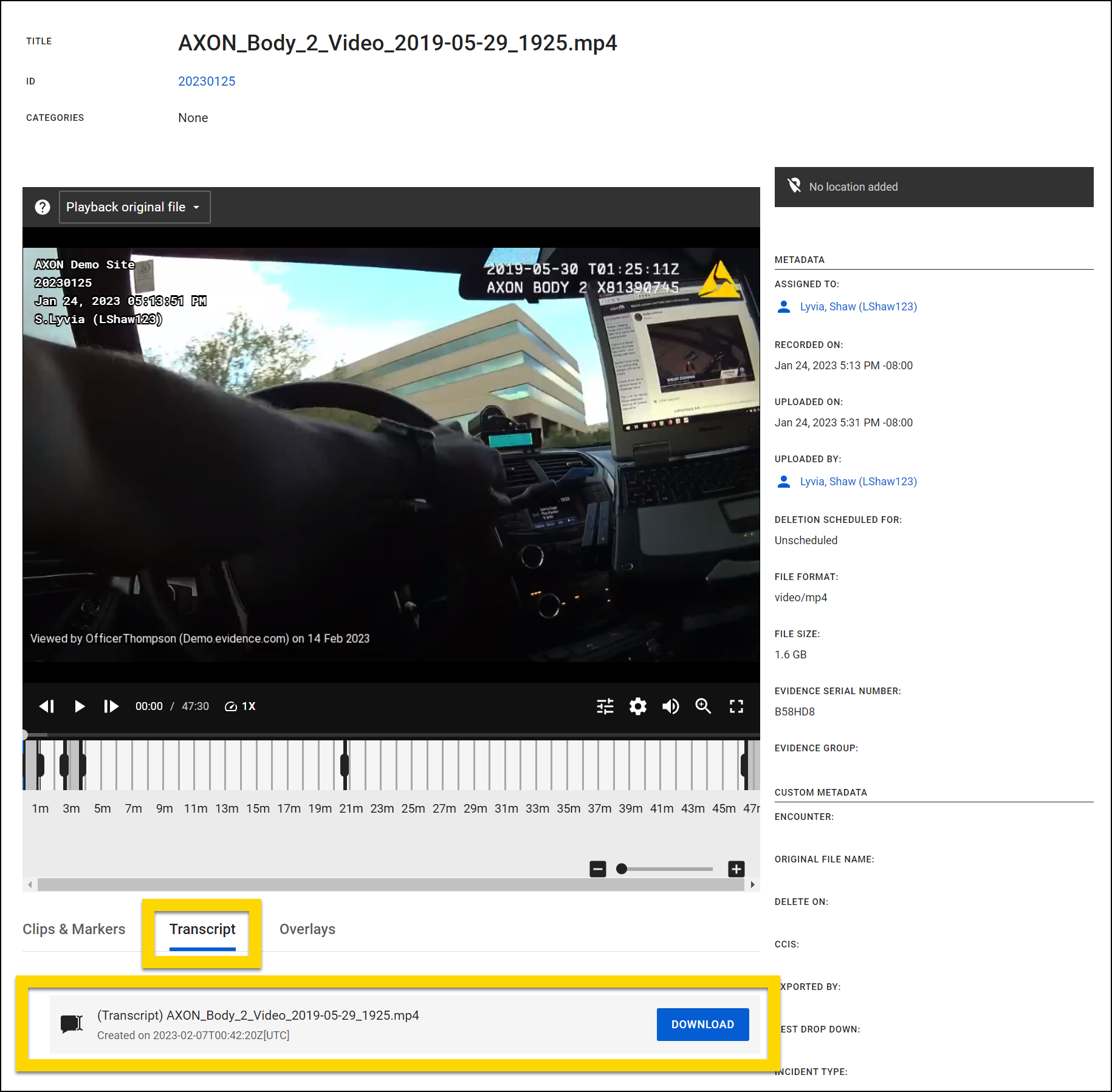 Shows what users with Basic roles see when downloading a transcript.
