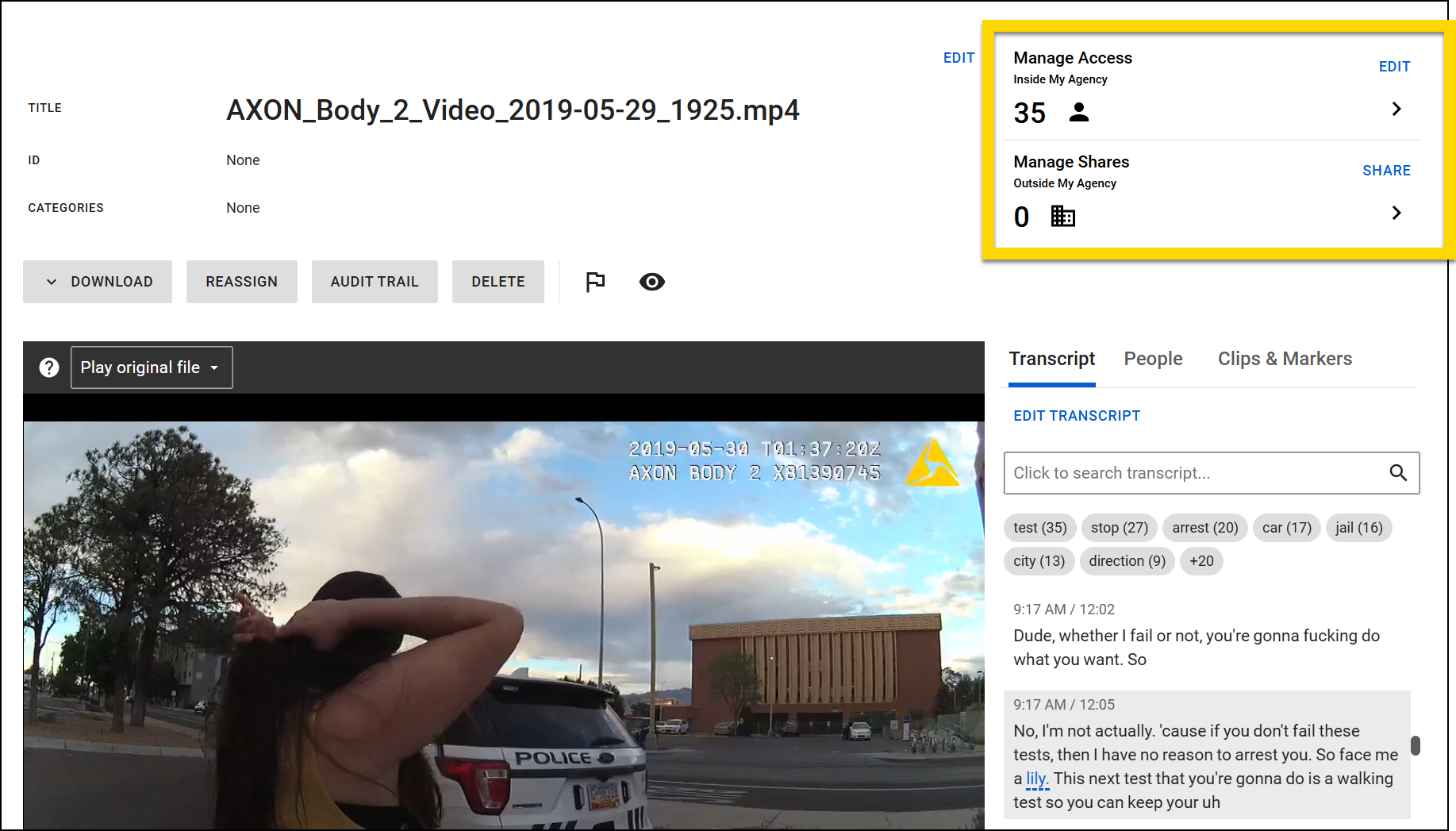 The image shows the Evidence Details page displaying a body-worn camera recording. A highlighted section in the top right corner emphasizes the manage access panel, showing the number of users with access and sharing options.