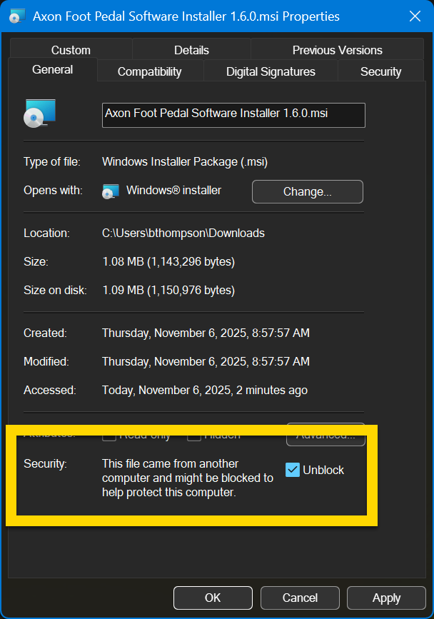The image shows the Properties window for a Windows Installer file. The General tab is selected, displaying file details such as type, size, and location. A yellow highlight emphasizes the Security section at the bottom right, where the Unblock checkbox is selected to allow the file to run.