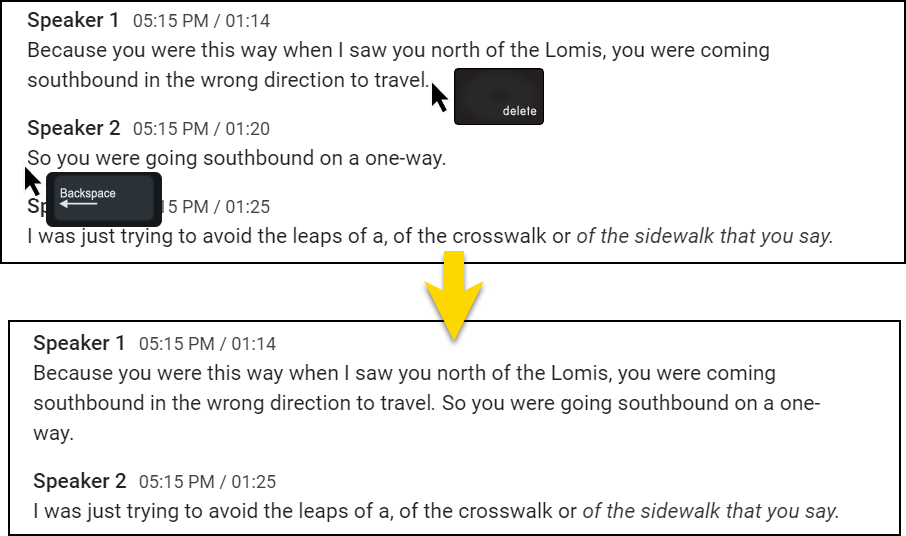 Shows how to merge sections of text into a single speaker.