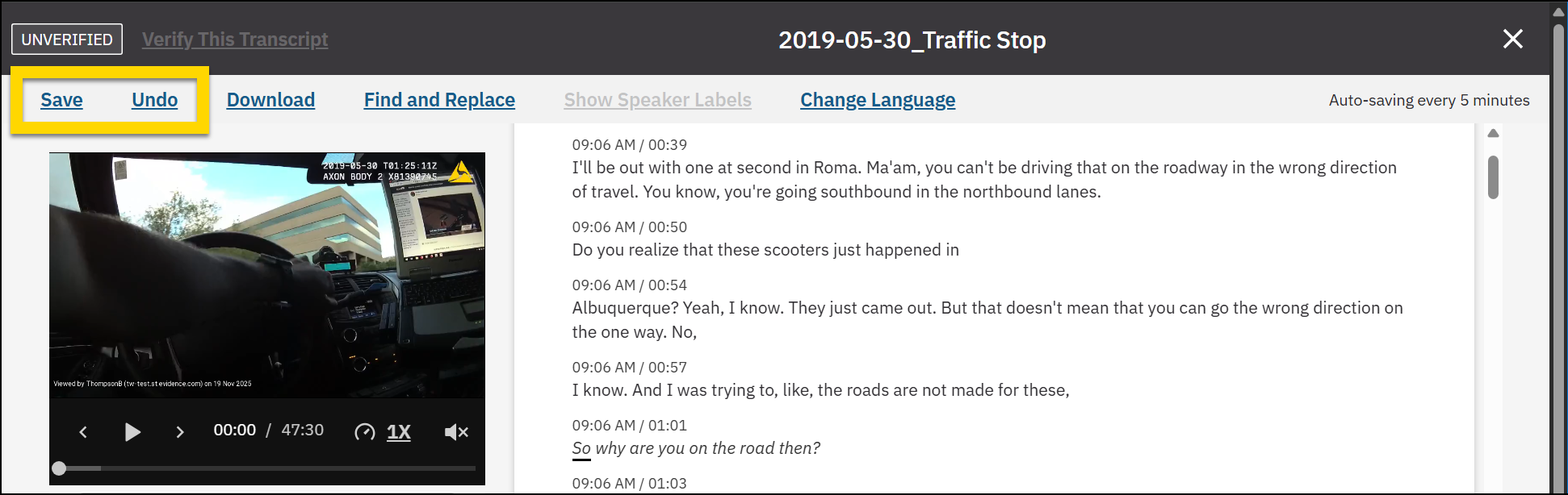 Shows how to save and undo changes made to an Auto-Transcript.