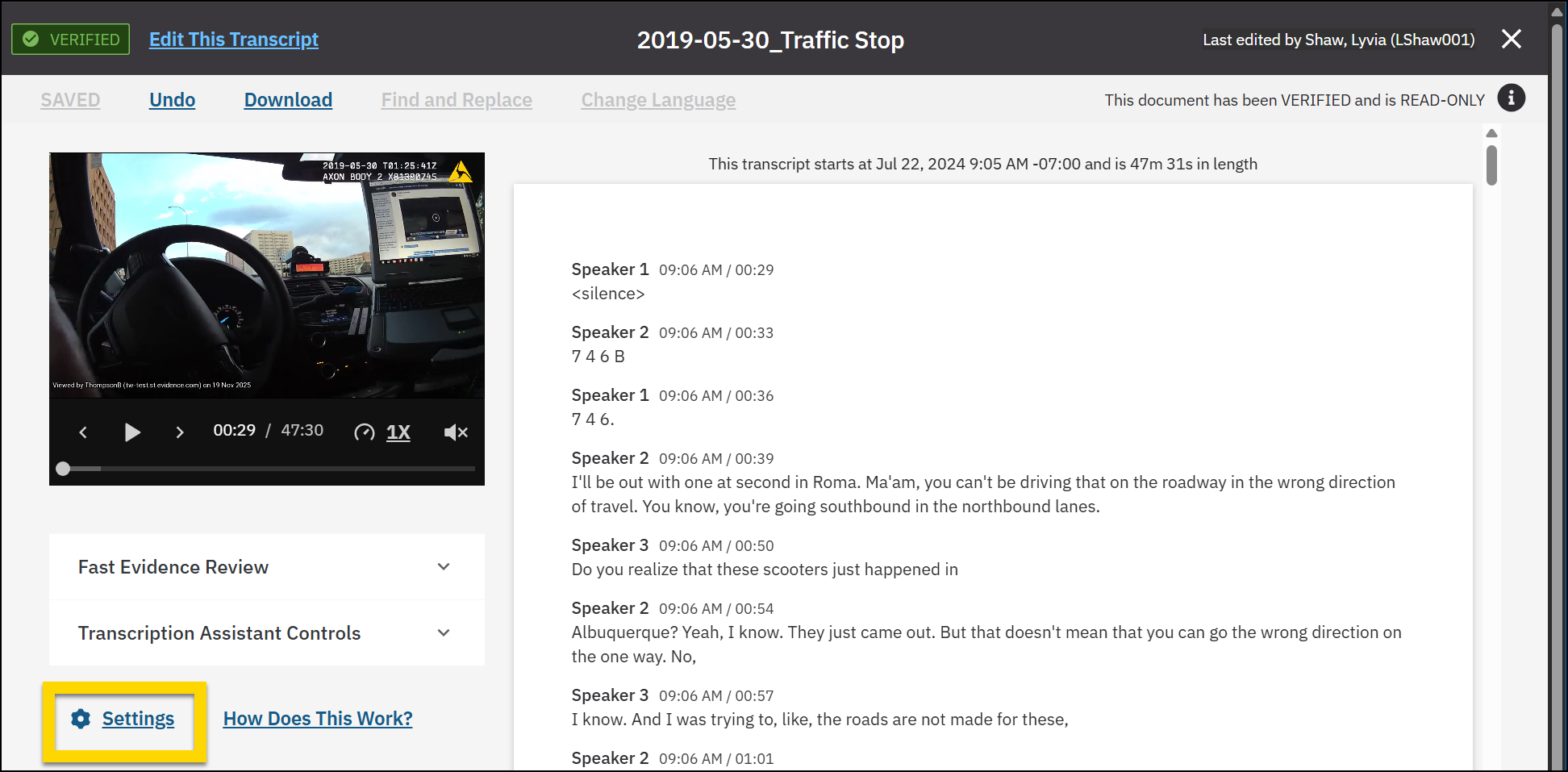 The image shows Transcription Assistant with a verified and read-only transcript displayed alongside a body-worn camera recording. A highlighted section in the bottom left corner emphasizes the settings button, allowing users to configure transcript-related options.