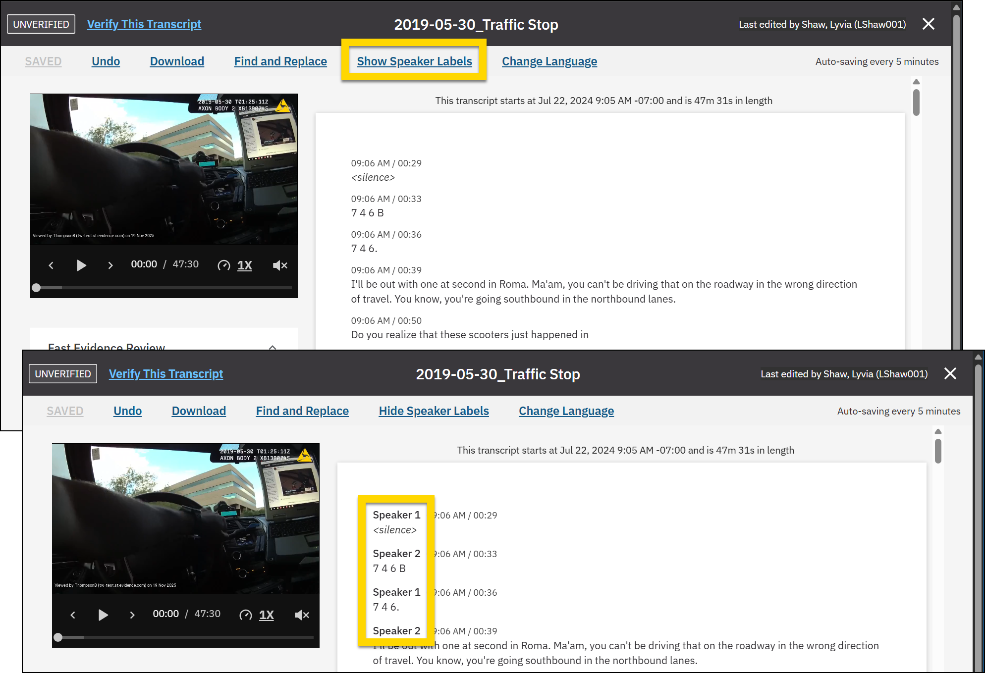 Shows how to hide and reveal speaker labels.