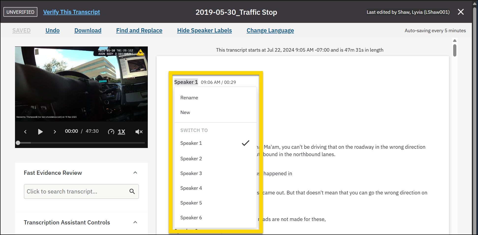 Shows how to change speaker labels.