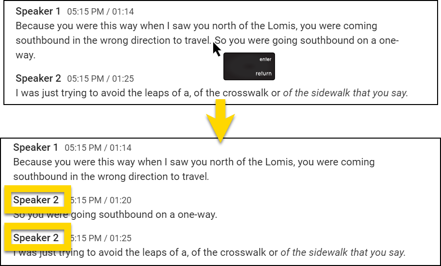 Shows how to split a section of text into different speakers.
