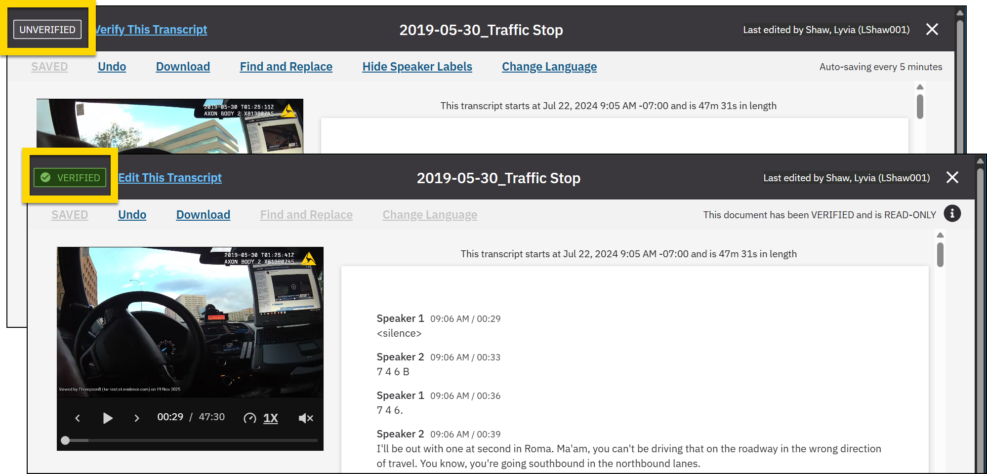 Shows how to tell if a transcript has been verified.