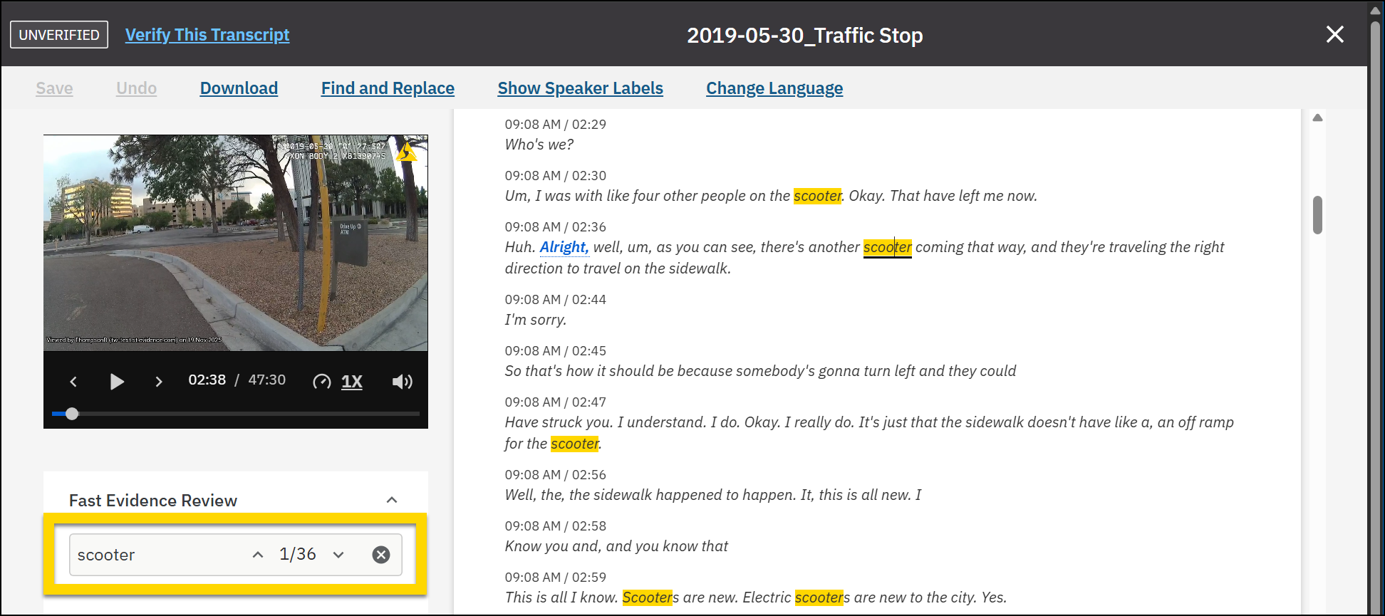 Shows how to search the transcript using keywords.