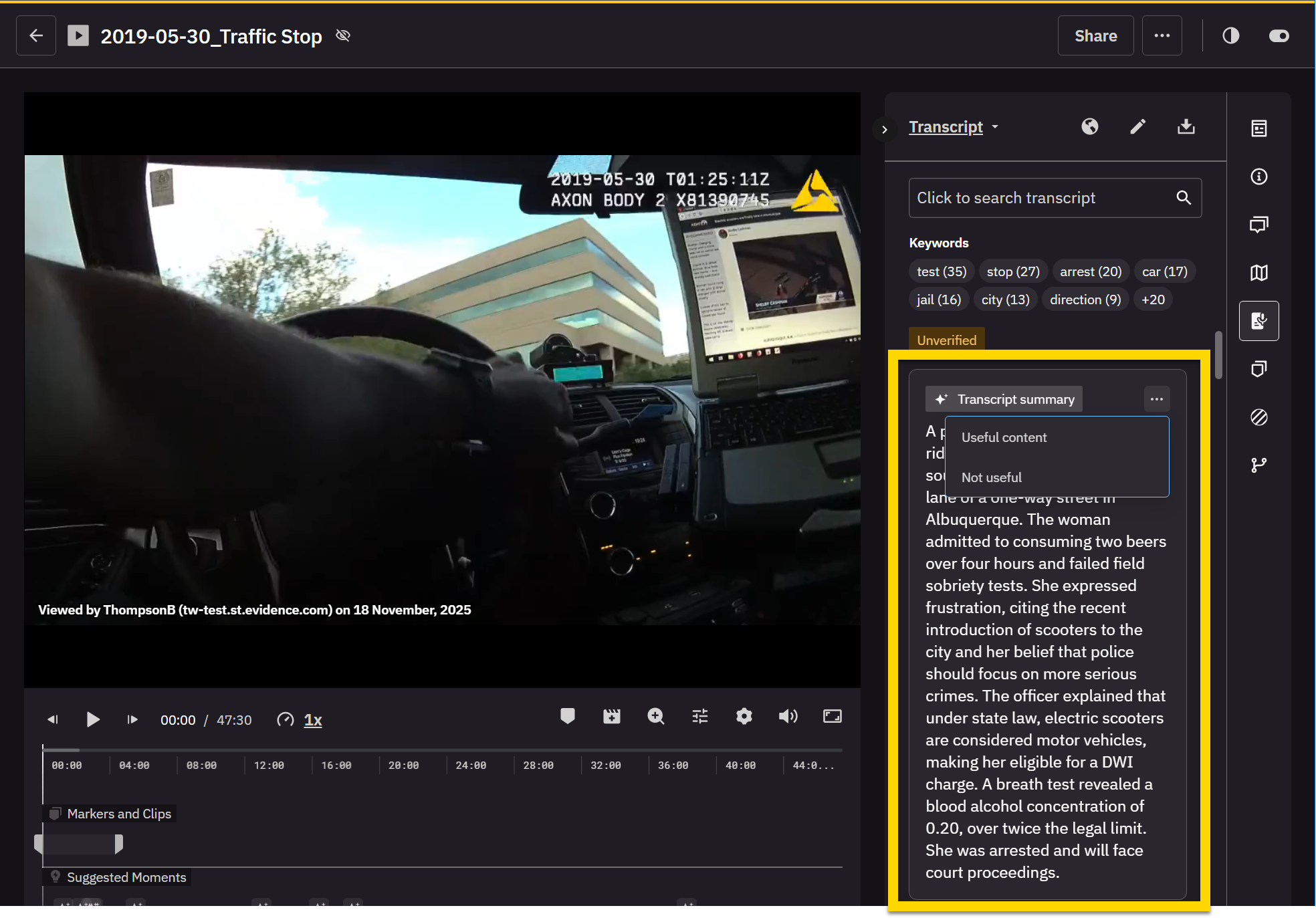 The image shows the evidence details page. On the right side, a Transcript tab includes an AI-generated summary of the incident, highlighted in yellow.