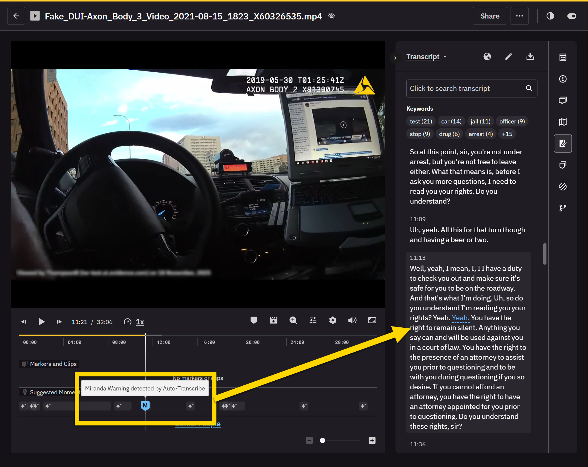 The image shows the evidence details page with a body-worn camera video displayed and the Transcript tab open. A yellow callout highlights a Suggested Moment labeled Miranda Warning detected by Auto-Transcribe along the timeline below the video. The corresponding section in the transcript contains a spoken Miranda warning.