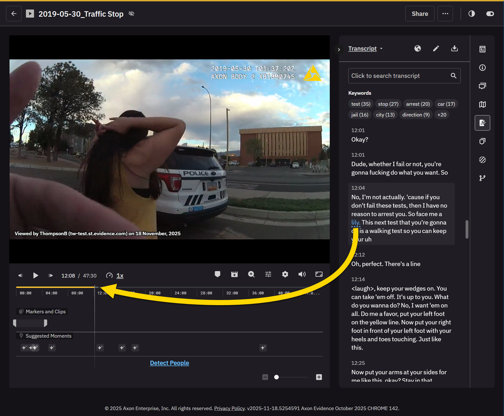 The image shows the Evidence Details page displaying a body-worn camera recording. The Transcript tab on the right shows synchronized dialogue from the video, with a highlighted section matching the video's timestamp. A yellow arrow connects the video's timeline marker to the corresponding transcript entry, emphasizing the link between the video and its transcript.