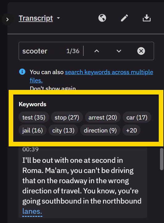 The image shows the Transcript tab on the Evidence Details page. A yellow box emphasizes the common keywords section that appears below the search bar, which includes various terms, displaying the number of times each term appears in the transcript.