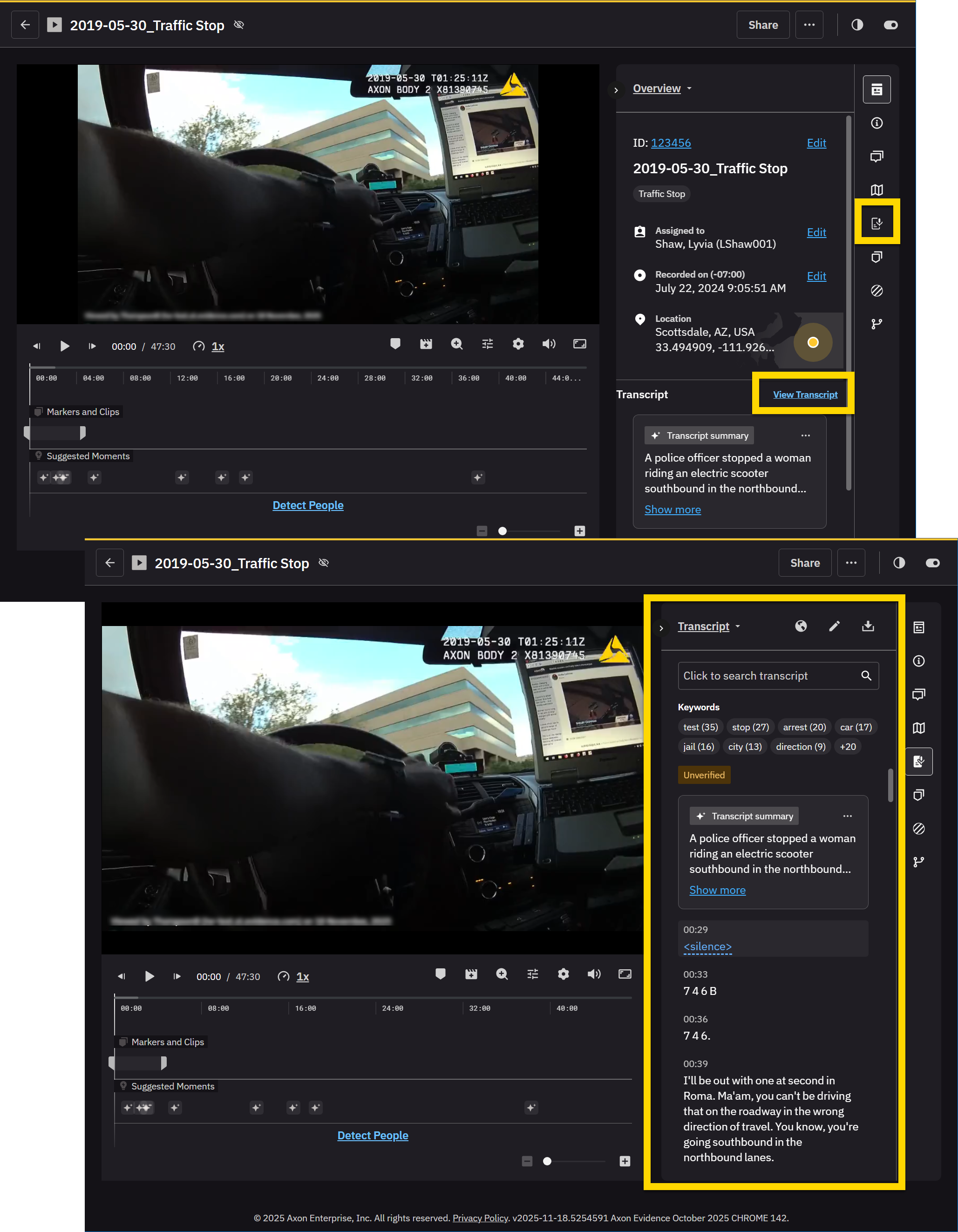 The image contains two screenshots of the evidence details page, each showing a body-worn camera video on the left and transcript details on the right. In the top screenshot, the yellow highlights indicate the Transcript tab button and the View Transcript button in the Overview tab. In the bottom screenshot, the Transcript tab is opened, showing the transcript summary, keywords, and timestamped speaker entries.