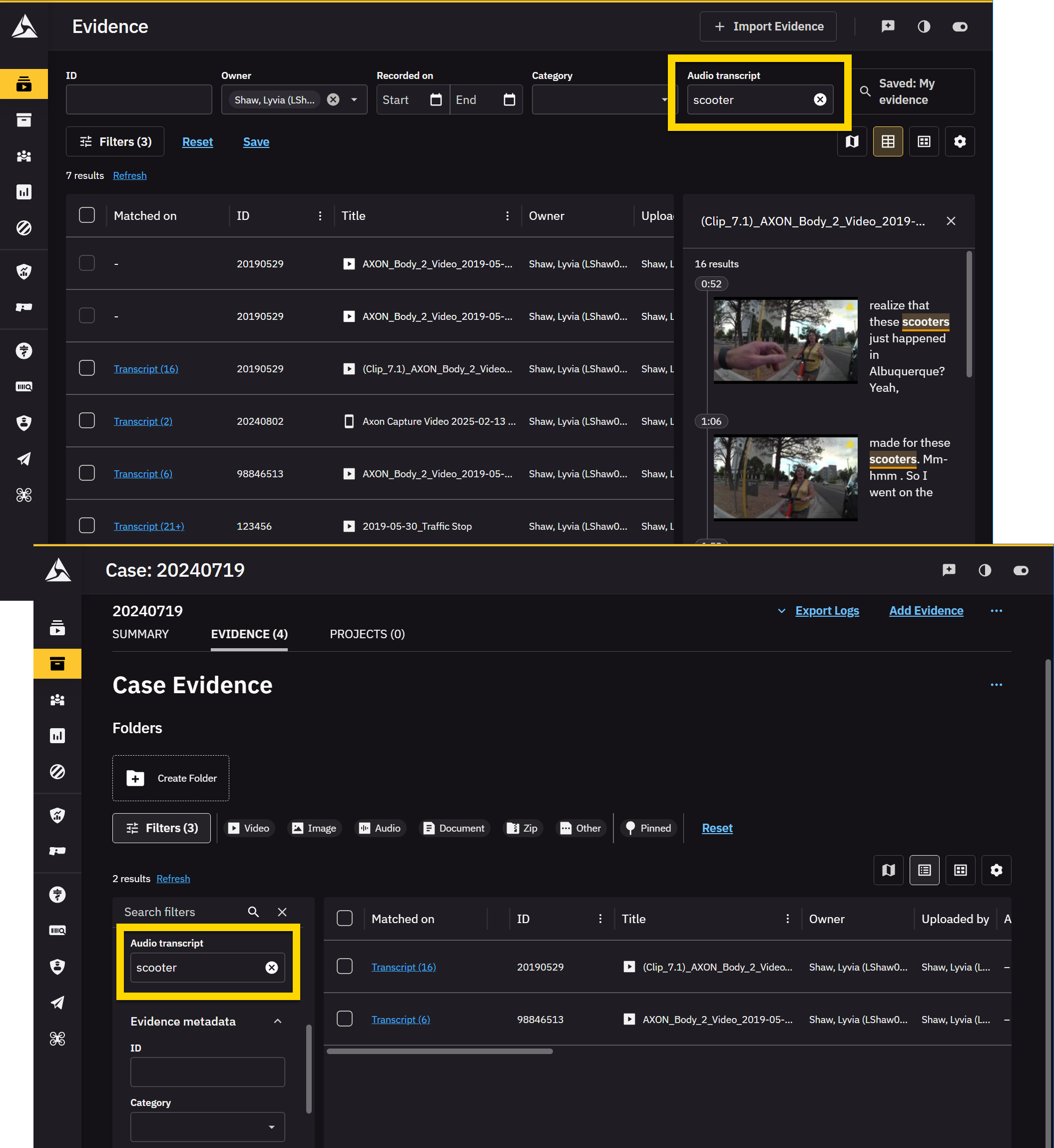 The image contains two screenshots of the Evidence Search and Case Evidence pages in Axon Evidence. In both screenshots, the Audio transcript filter is set to the keyword scooter, which is highlighted in yellow. The search results display multiple evidence items with transcripts that include the keyword.