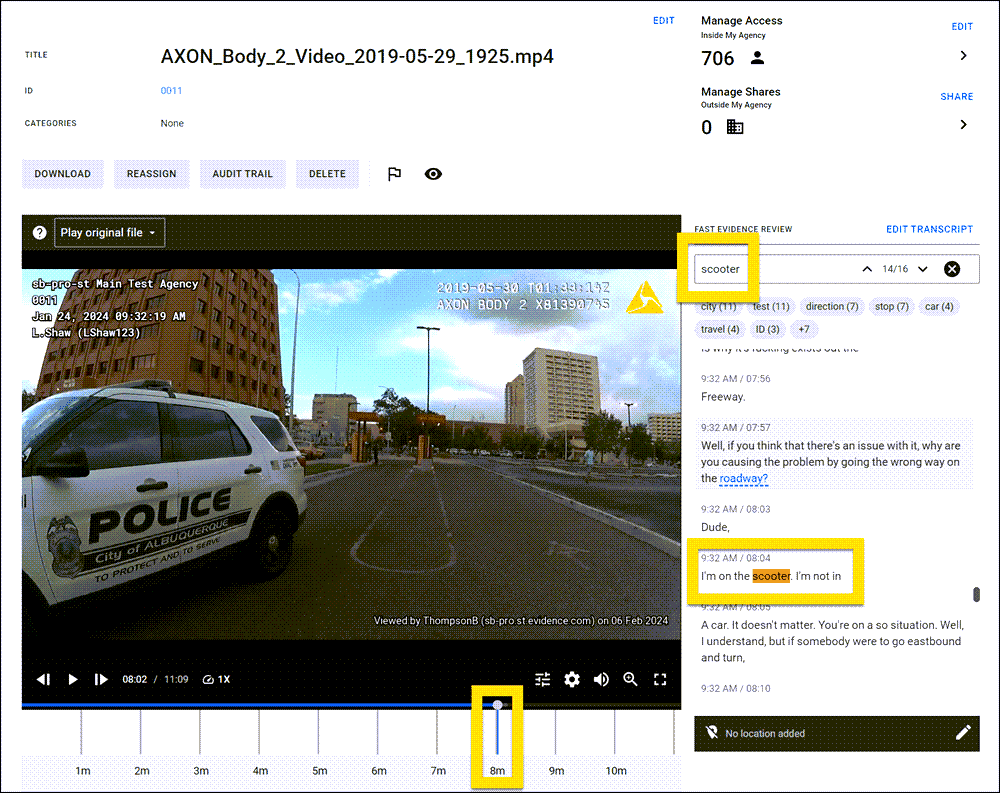 Shows how keyword search results open to the spot in the evidence where the keyword appears.