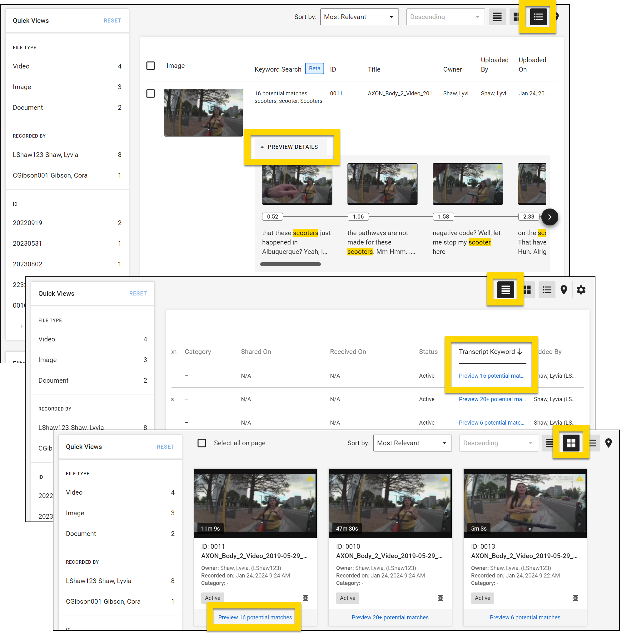 Shows the different views for search results.