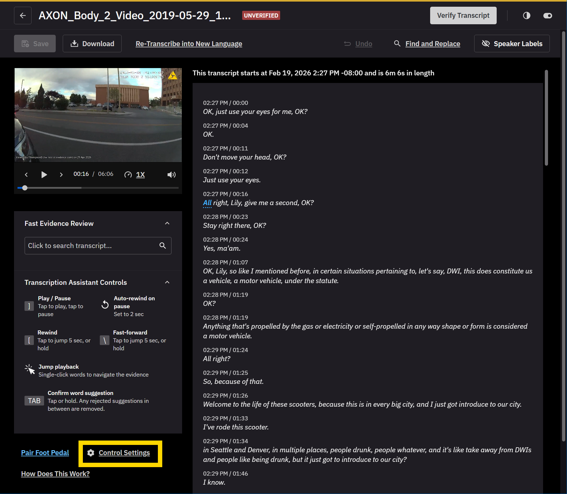 Shows the Control Settings button in Transcription Assistant.