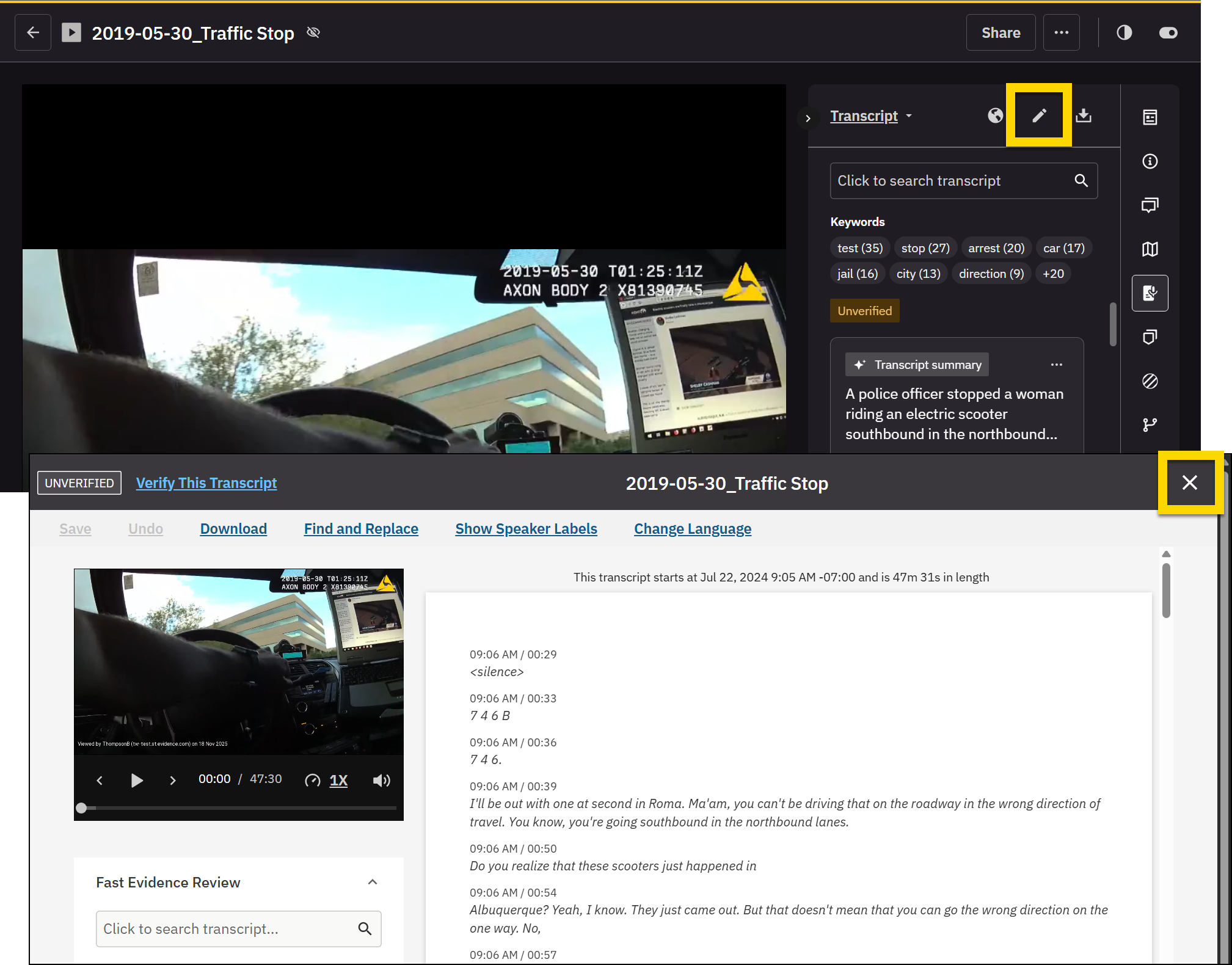 The image shows two screenshots. In the first image, the evidence details page is shown with a body-worn camera recording and an open Transcript tab. A highlighted section emphasizes the pencil button, which allows users to modify the transcript. In the second screenshot, Transcription Assistant is shown with another highlight marks the close button in the top right corner, indicating how users can exit.