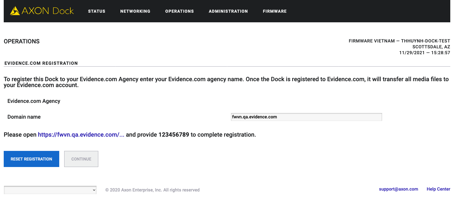 Shows the Axon Dock app at the Registration screen.