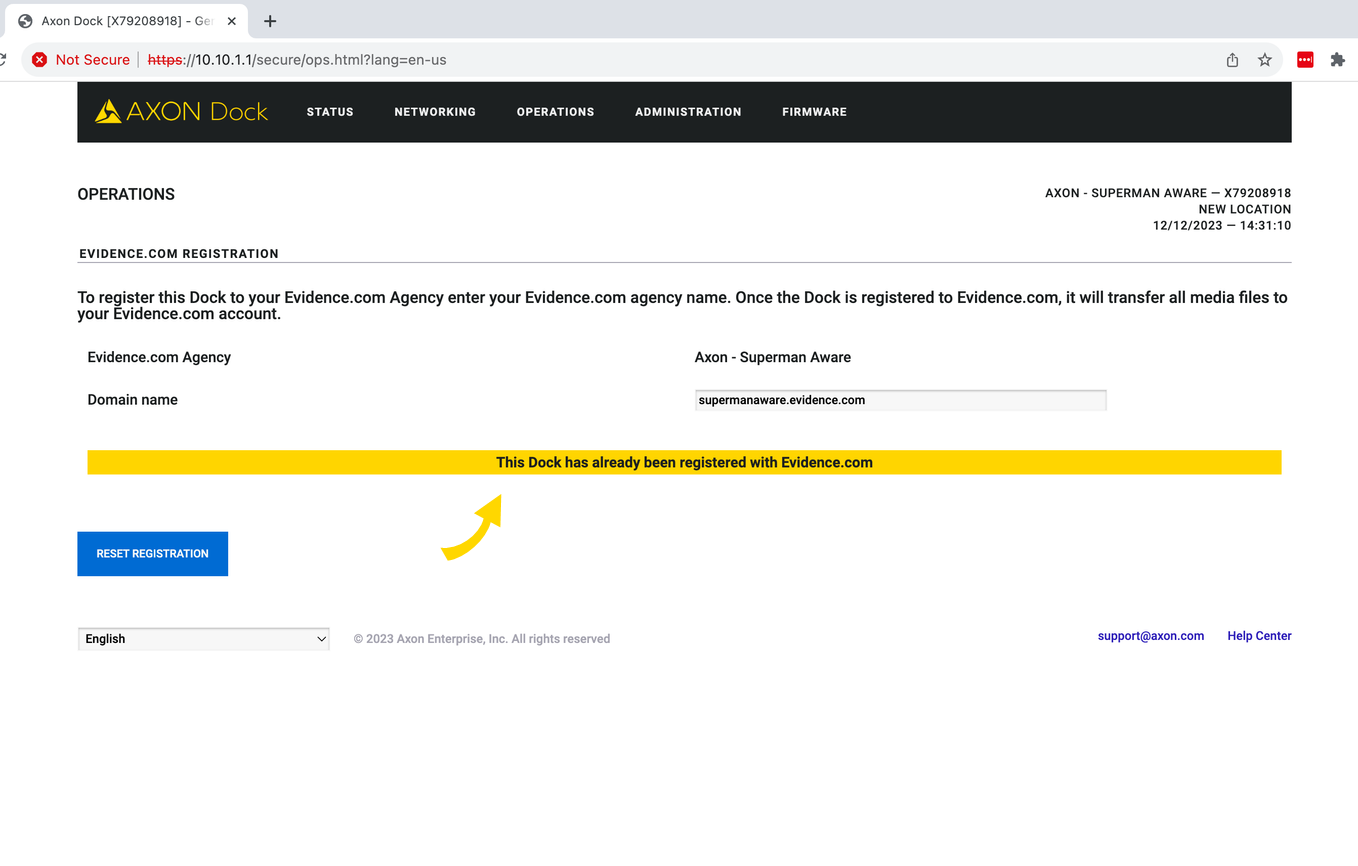 Shows the Axon Dock app at the Registration screen.