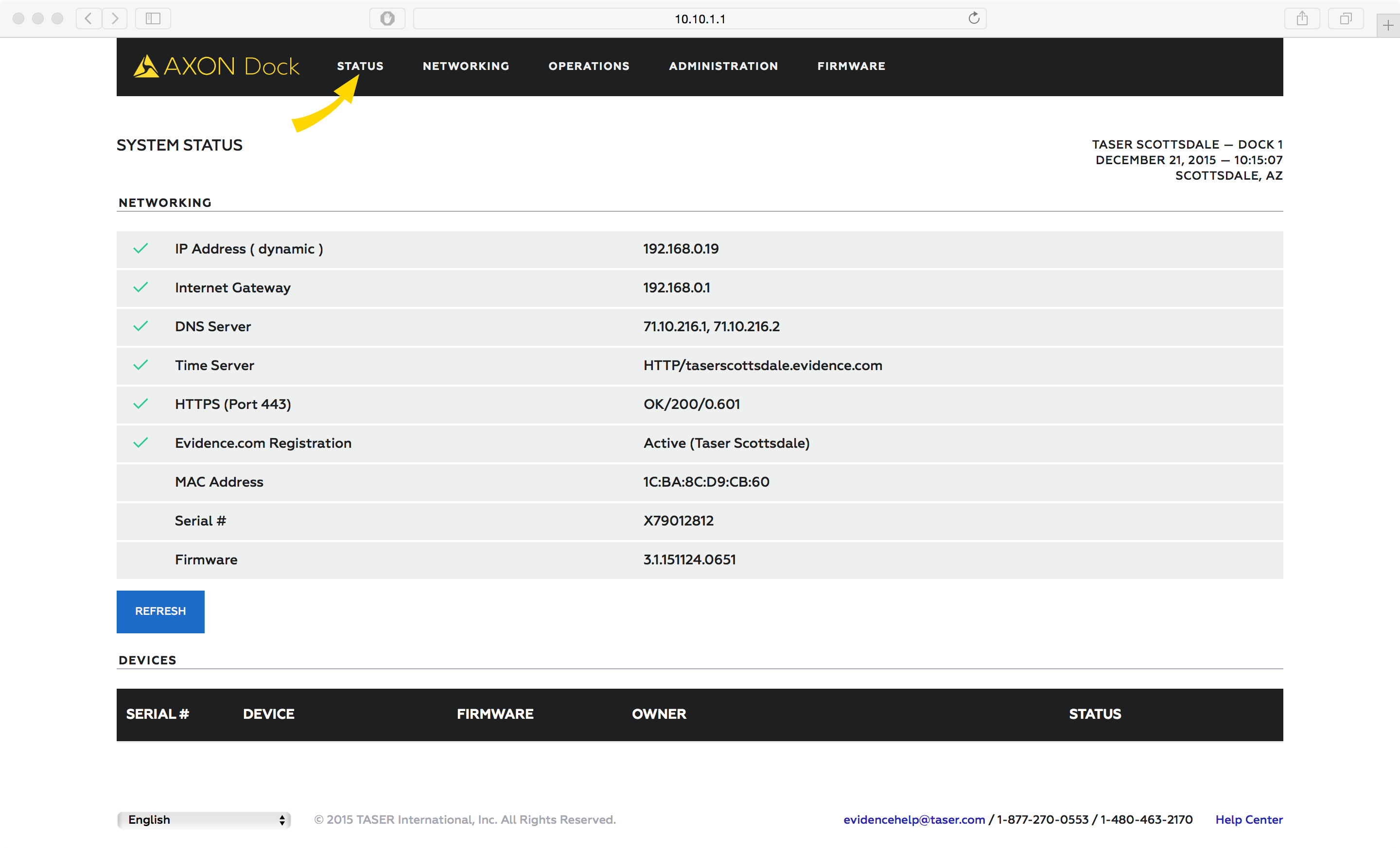 Shows the Axon Dock app at the Status screen.