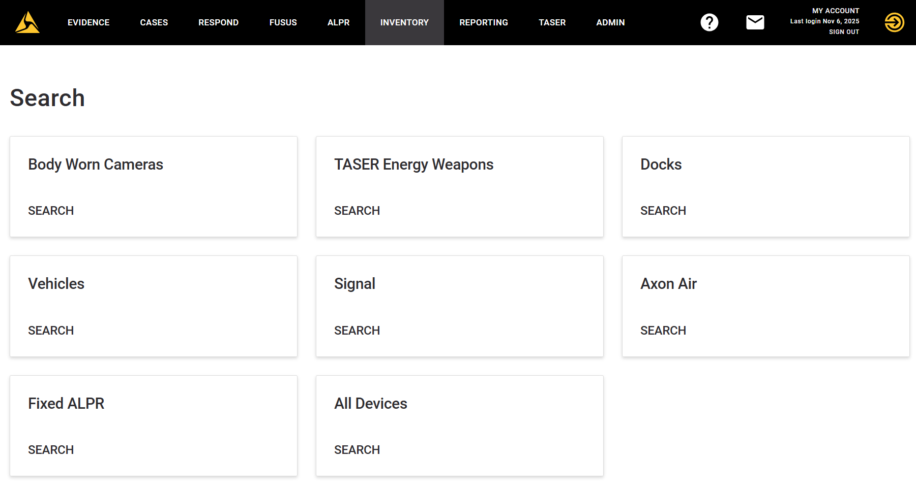 shows the Inventory search screen in Axon Evidence.